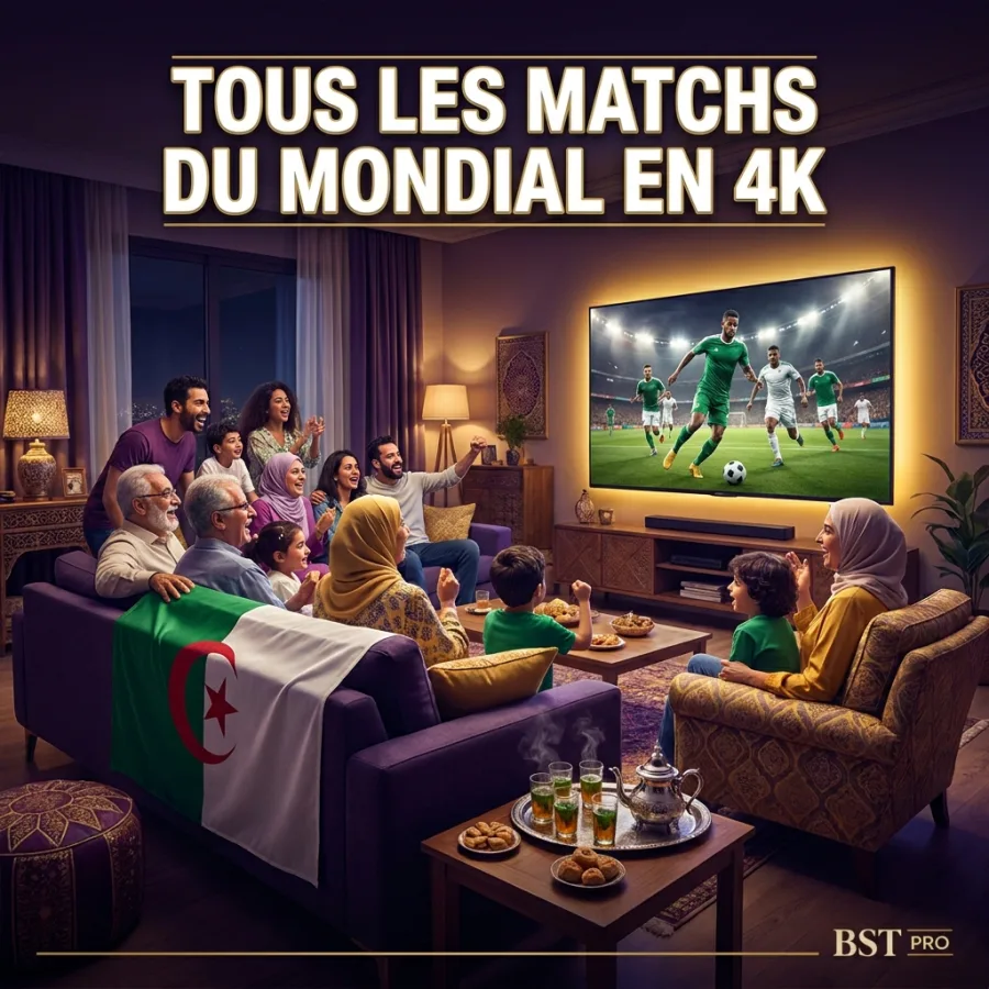 Famille algérienne regardant le Mondial 2026 en 4K avec BST PRO